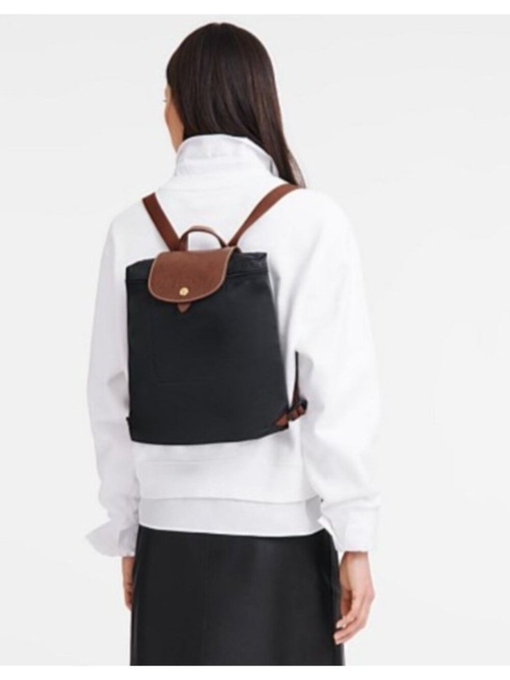 Longchamp Le Pliage Backpack Black Nylon Brown Leather Foldable NWOT